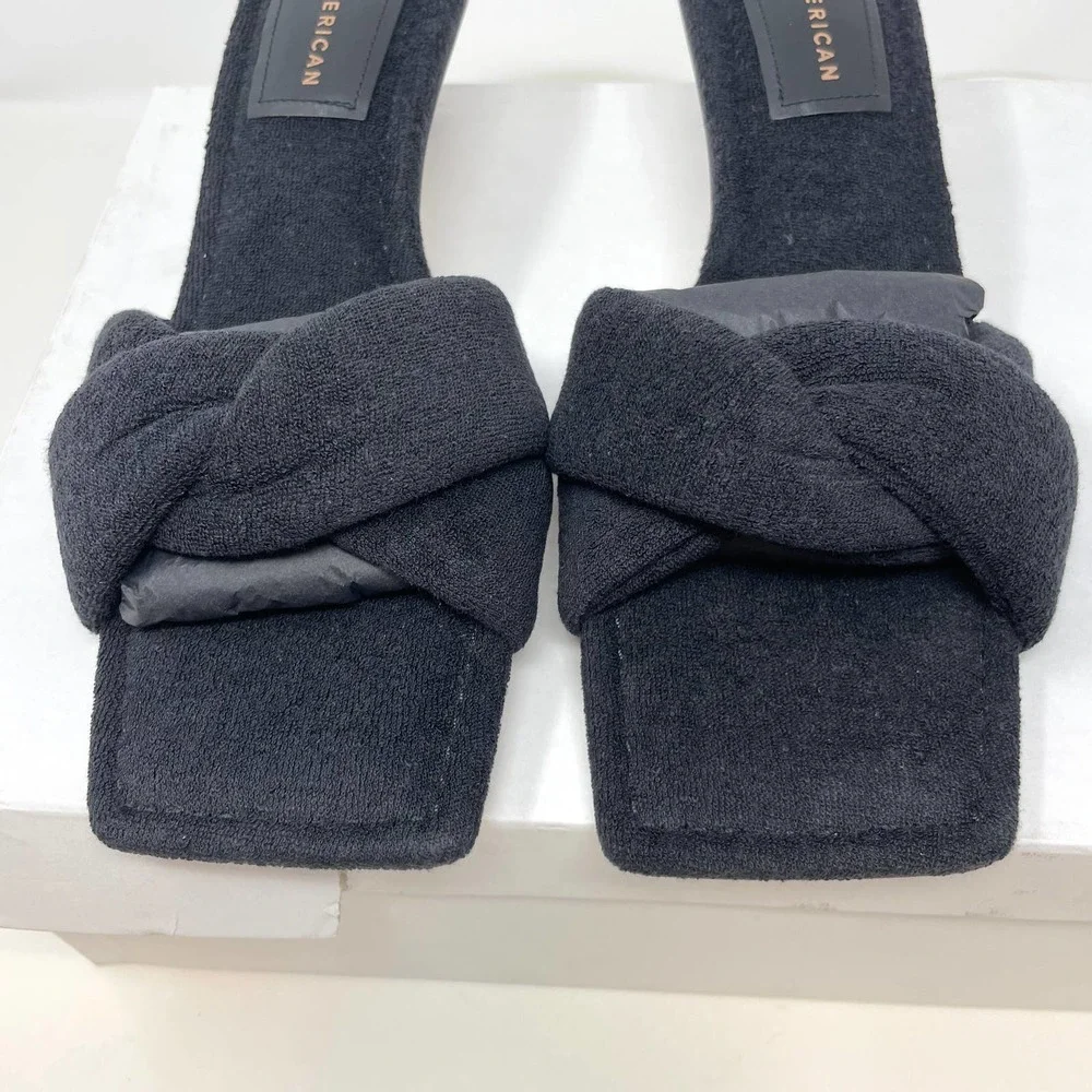 Good American Terry Twisted Strap Kickstand Mules Sandals In Black Size 8 New